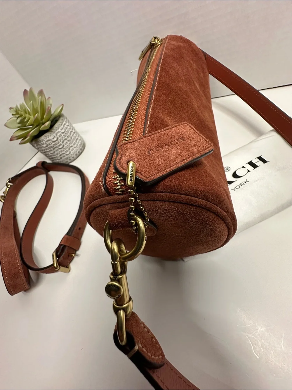 Coach Brown Suede Cylindrical Crossbody Bag with Leather Strap